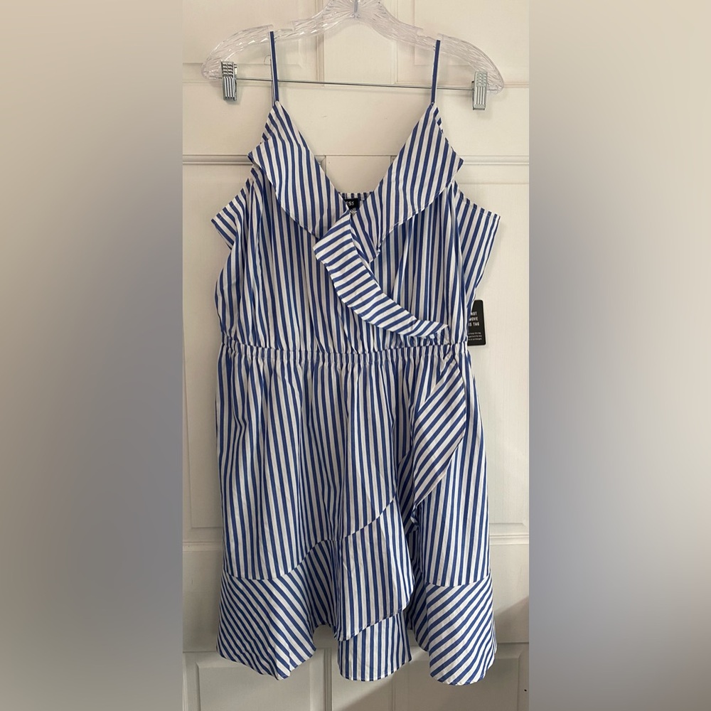 Express Blue & White Striped Ruffle Wrap Spaghetti Strap Cotton Dress NWT XL M - Picture 1 of 9